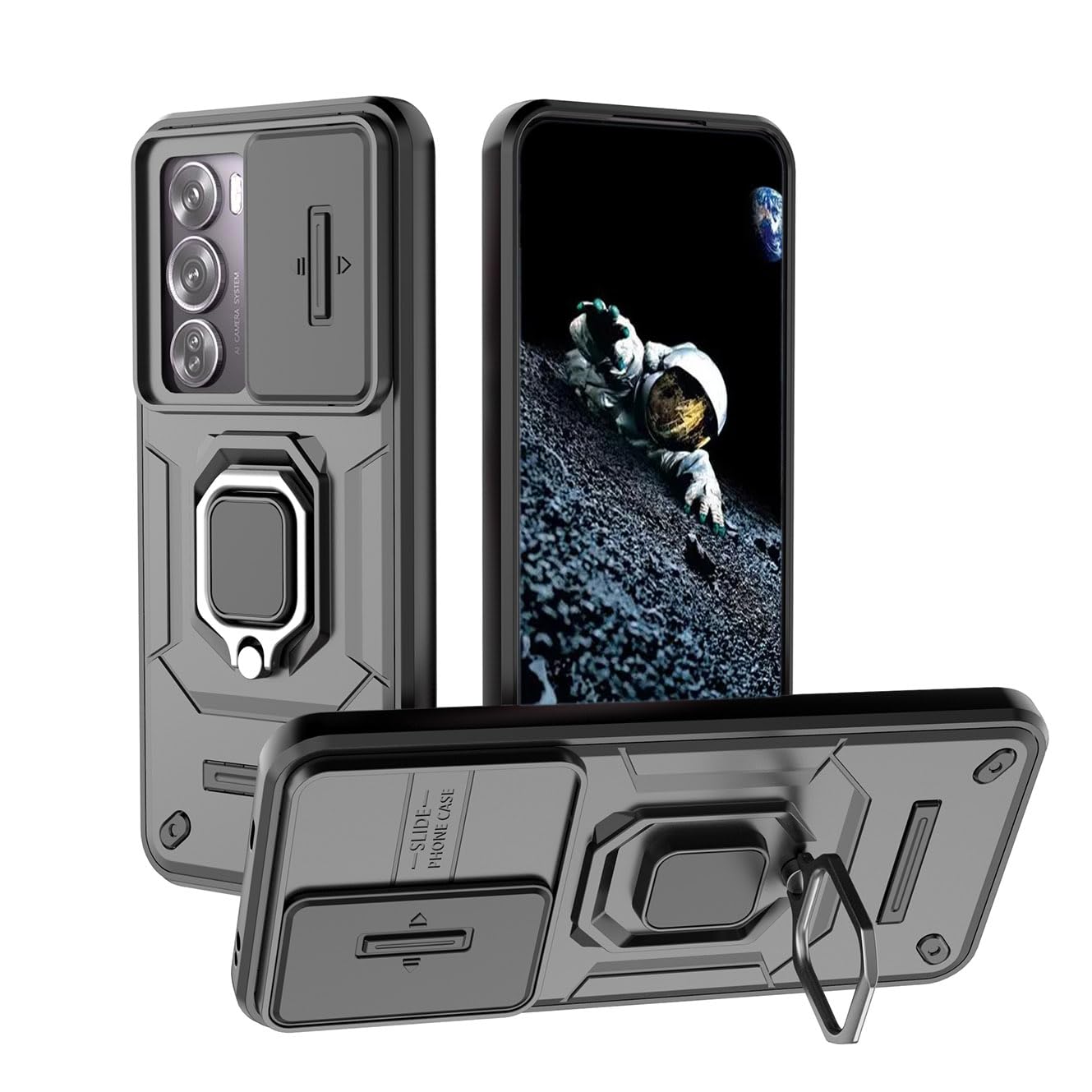 CoverLine Back Cover Shockproof Silicone Military Anti-Drop Case with 360° Metal Bracket and Sliding Camera Cover Case for Oppo Reno 12 Pro - Black (B0DCZKJ2LP) Amazon Price History, Amazon Price Tracker
