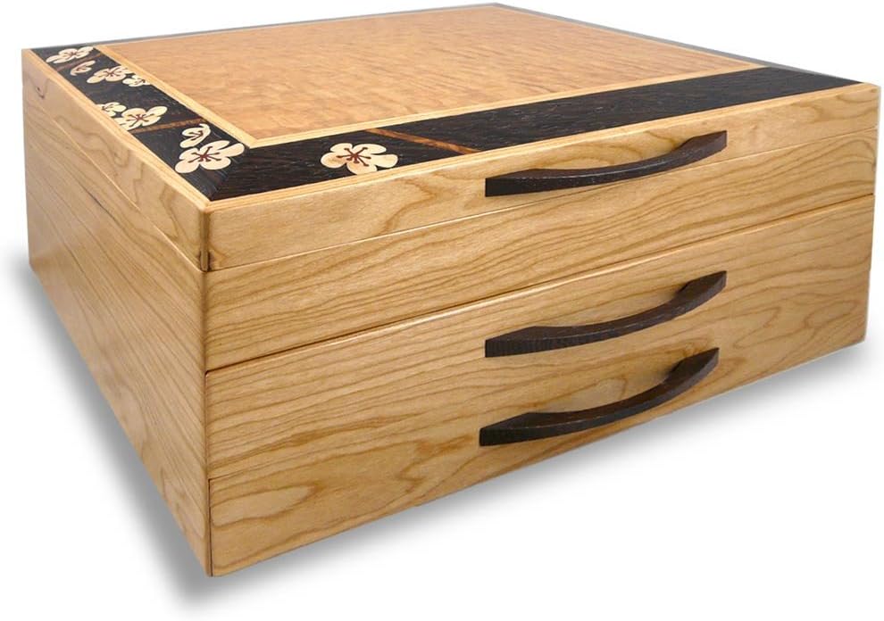 American Made Heartwood Cherry Blossom Wood Marquetry Jewelry Box with 2 Drawers