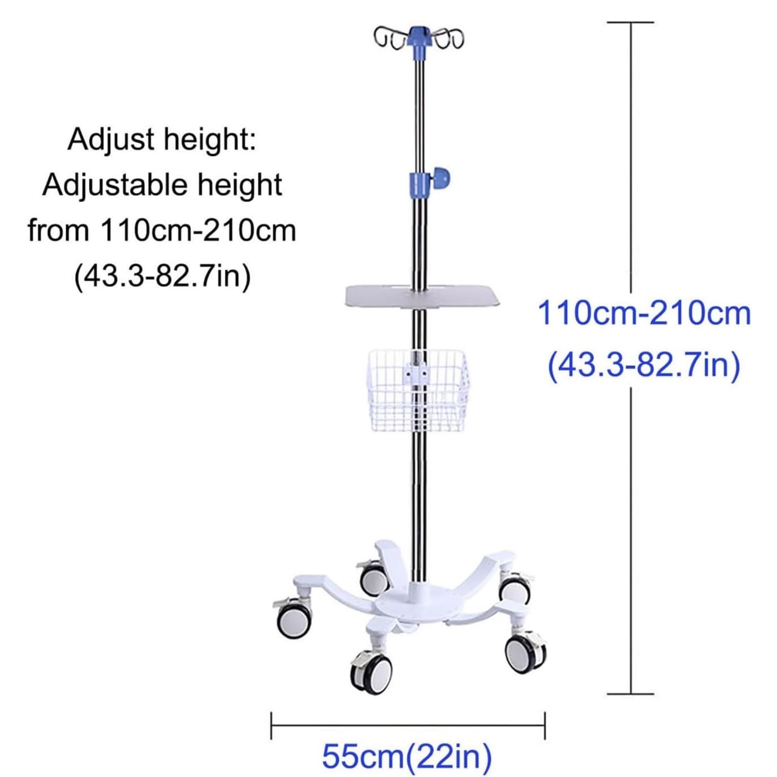 Asta portaflebo medicale con ruote in acciaio inox regolabile in altezza asta per flebo | Supporto for flebo con rete sospesa con base a 4 ganci e 5 rotelle