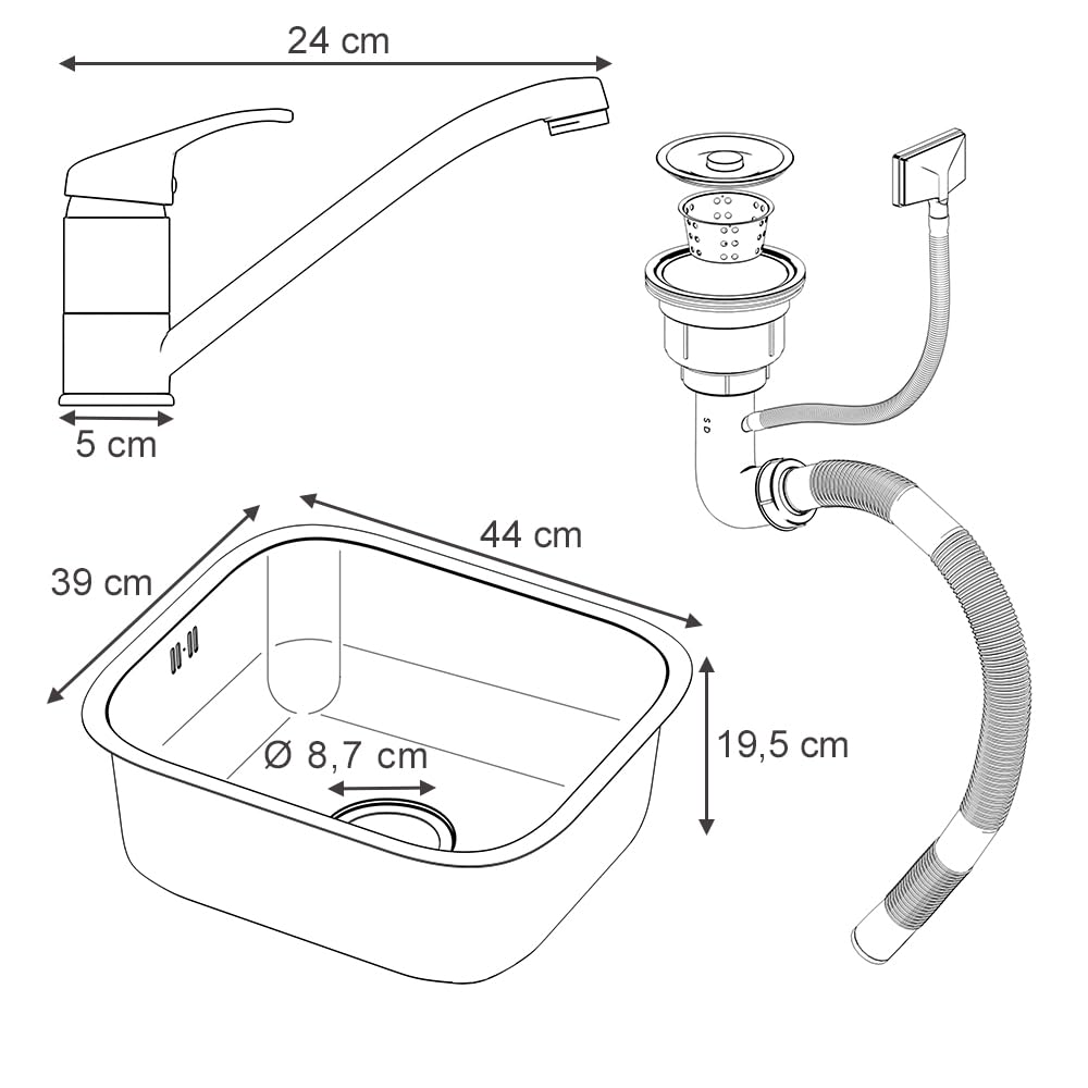 Vicco Zlew "Flova", Stal, 39 x 44 cm | Zestaw z kranem, wlotem i wylotem, convient à l'installation dans des plans de travail aux dimensions standard