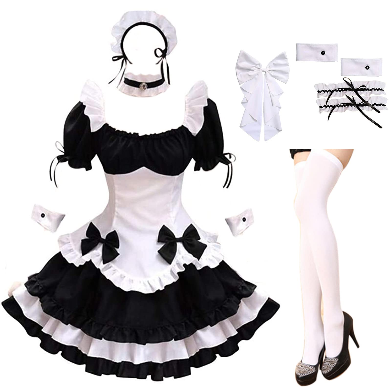 GRAJTCINWomens Anime Maid Outfit Cosplay Halloween Costume Lolita Dress Top & Skirt Set