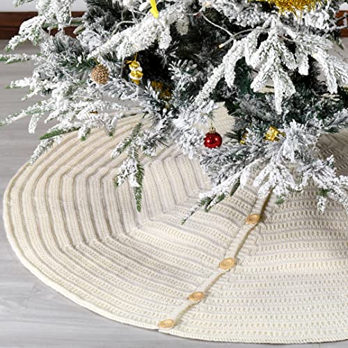60-Inch Knit Christmas Tree Skirt Thick Cobweb Stitch With Oak Buttons (Cream) #TOP1