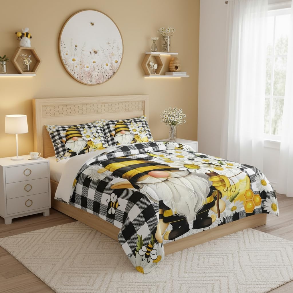 Daisy Gnomes Comforter Set King Size Black White Grid Bedding Set 3pcs for Kids Girls Boys Teens Home Decor Bee Flowers Spring Style Quilt Set Plants Nature Duvet Insert,2 Pillowcases