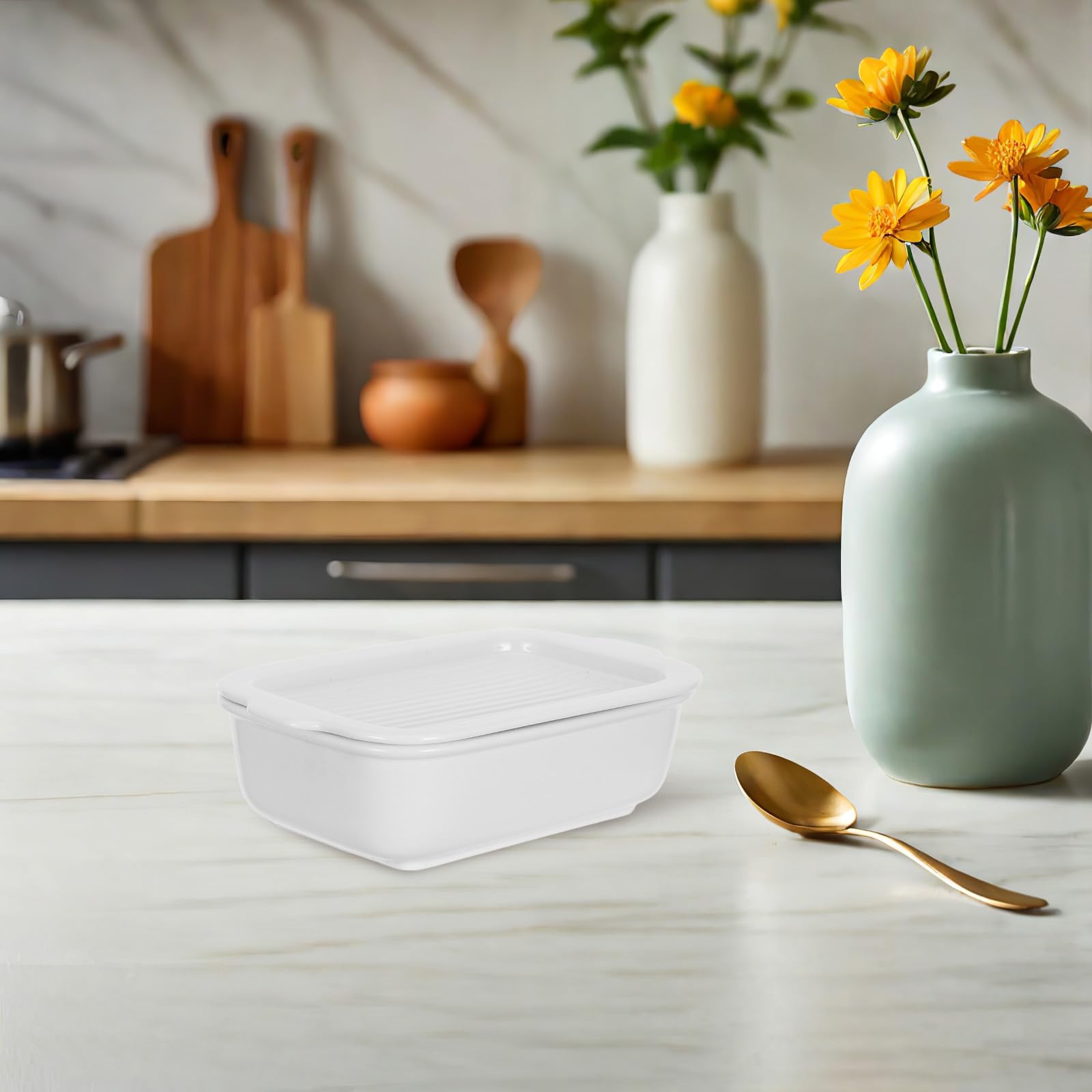 Molde para Horno Rectangular de Cerámica de Color Claro con Tapa, Capacidad 800ml, Resistente al Horno y Fácil de Limpiar, Adecuado para Reuniones Familiares
