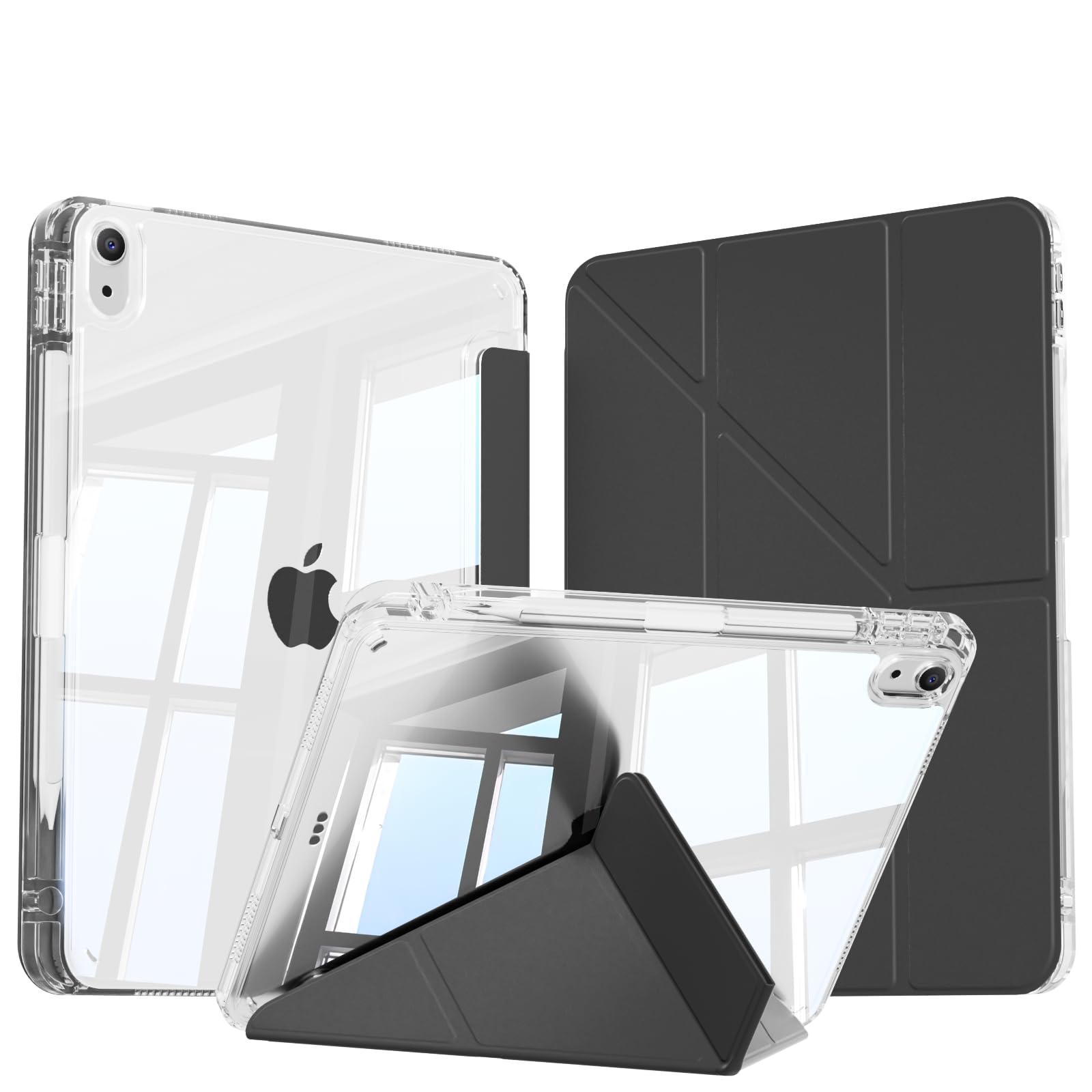 GKABXY Hülle für iPad (A16) 11./10. Generation (2025/2022), weichem TPU Rahmen, klare PC Rückseite, stoßfeste Schale mit Stifthalter, mehrere Winkel Y-förmiger Ständer, Auto Schlafen/Wachen, Schwarz