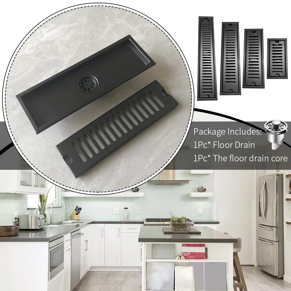 Rectangular Linear Shower Drain with Removable Drain Cover Grate, Stainless Steell Black Shower Floor Drain for Bathroom Toilet(Size:15.7inch)