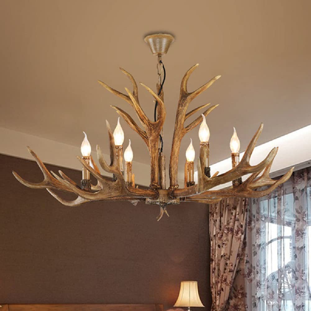 Lámpara de araña de Resina con Forma de Cuernos de Ciervo, 8 Luces, Estilo Retro, Estilo rústico de Granja, Ideal para Comedor o como lámpara de Techo Colgante, Color marrón.