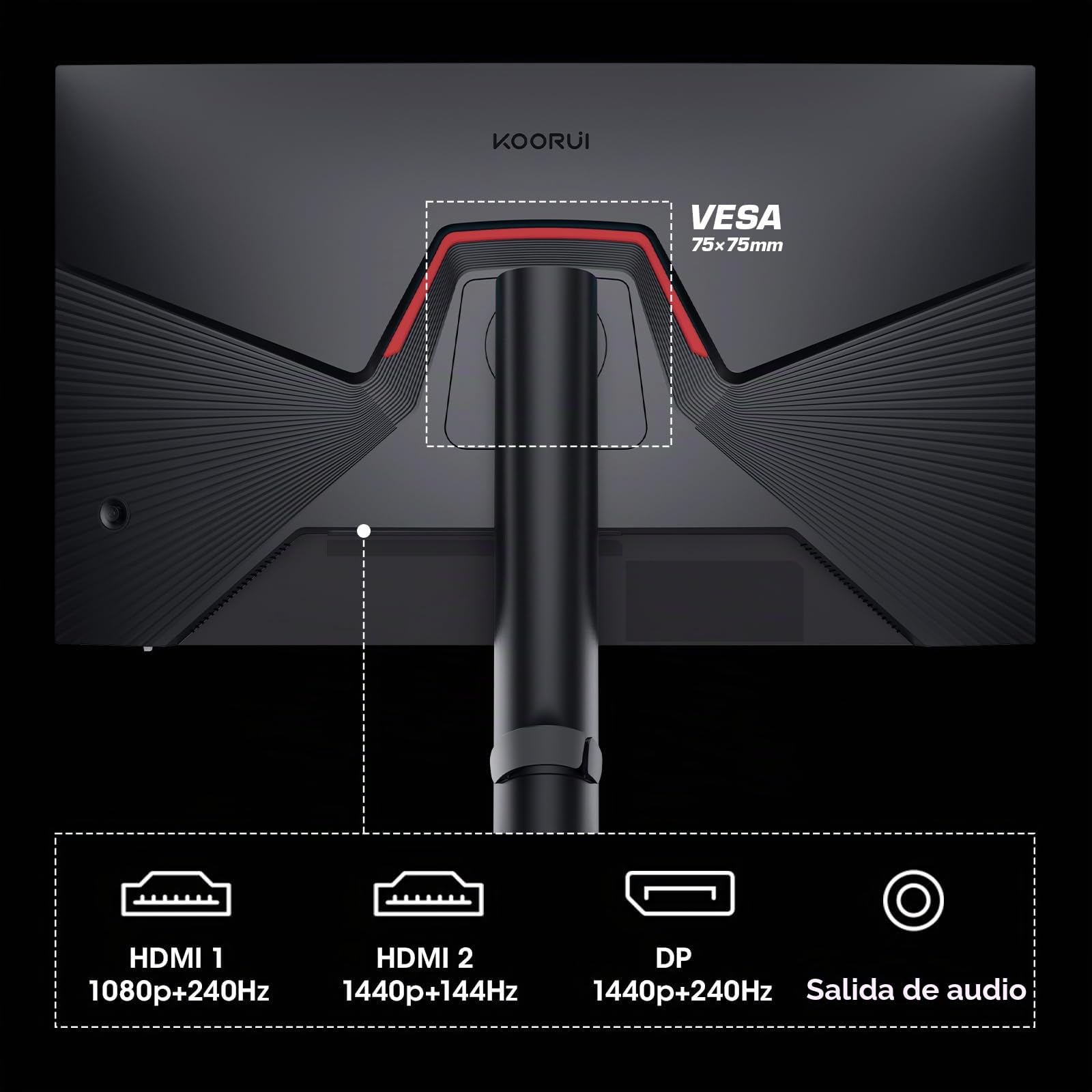 KOORUI Gaming Monitor 27 Pulgadas - Pantalla WQHD PC, 240Hz, 1ms, Adaptive Sync, Compatibilidad Gsync, (2560x1440, HDMI, DisplayPort, HDR 400) Negro/Rojo