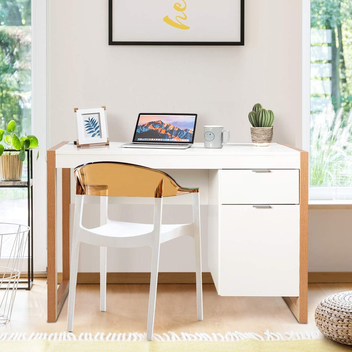 Tangkula Wooden Home Office Desk with Drawer & Cabinet, PC Laptop Workstation Study Writing Desk, Ideal for Bedroom Home Office (White & Natural)