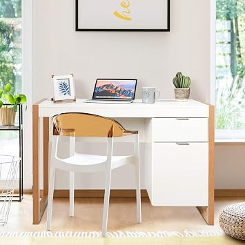 COSTWAY Computer Desk, 112 x 50cm Wooden Study Table Writing Workstation with Drawer and Cabinet, Modern PC Laptop Table Gaming Working Desk for Home Office Bedroom（White+Natural）