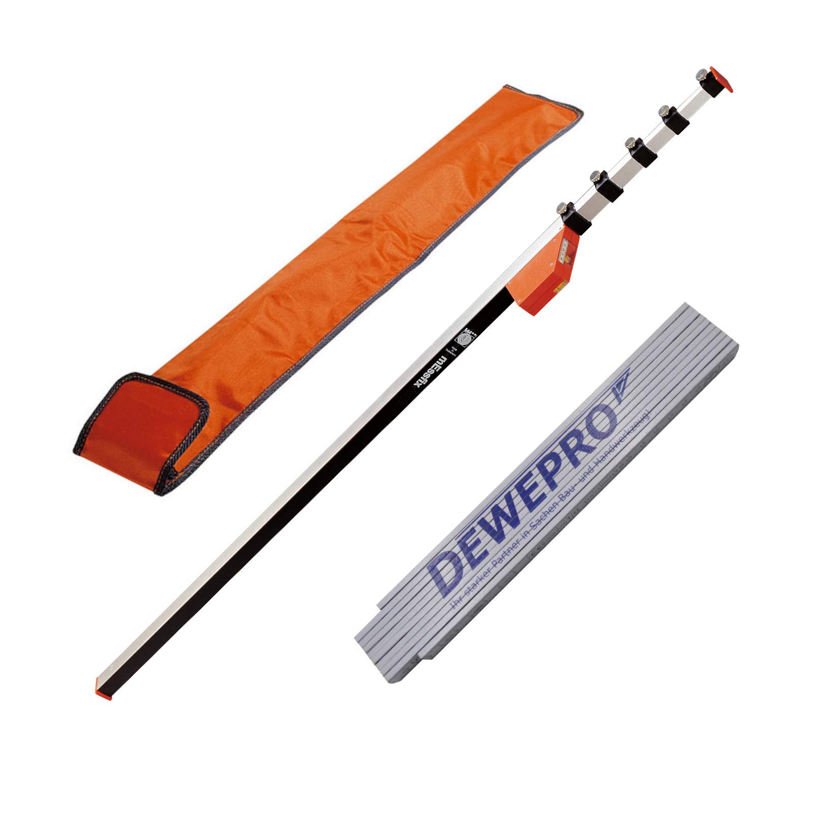 Nedo mEssfix-S Teleskop-Messstab - 1,03m - 5,00m - Teleskopmessstab inkl. Schutzhülle und DEWEPRO Zollstock 2m für präzises Messen und exakte Messergebnisse