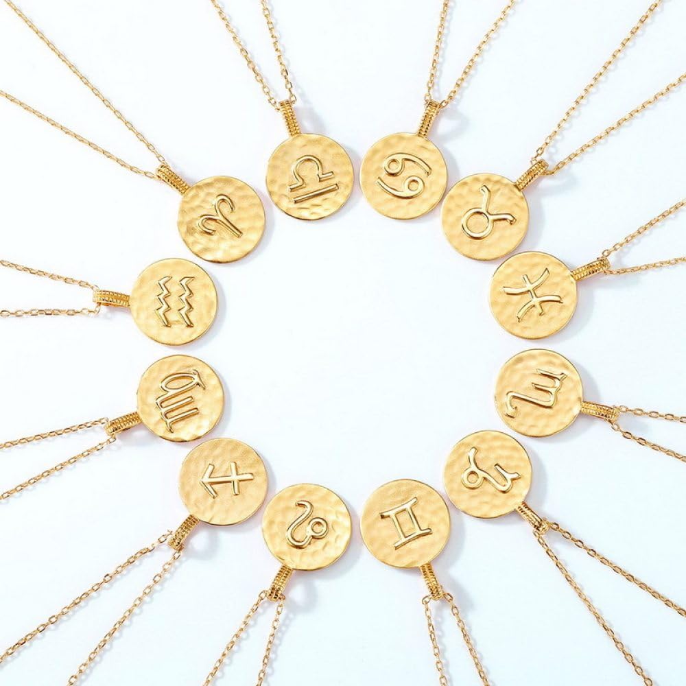 necklace Collar De Plata,Signos Del Zodiaco Símbolos De Las Señoras Colgante Redondo Dorado Gargantilla Símbolo De La Constelación Joyería Para Niñas Regalo De Cumpleaños