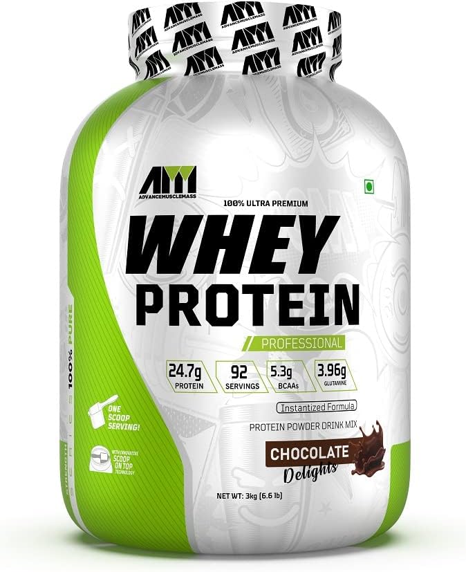 Advance MuscleMass Whey Protein Isolate + Whey Protein Concentrate Blend With Innovative Scoop On Top| 24.7 g protein (Chocolate Flavour | 3 Kg (6.6 lb), 92 Servings