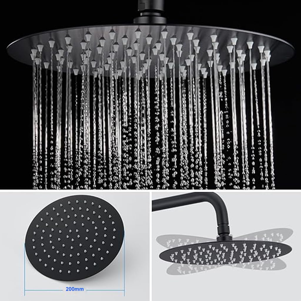 Colonna Doccia, AICA ITALY, Miscelatore Doccia Idromassaggio Termostatico, Gruppo Doccia Completo di Soffione Acciaio Inox da 20cm e Doccetta a 3 Getti, Asta Doccia Regolabile 73-117cm, Nero