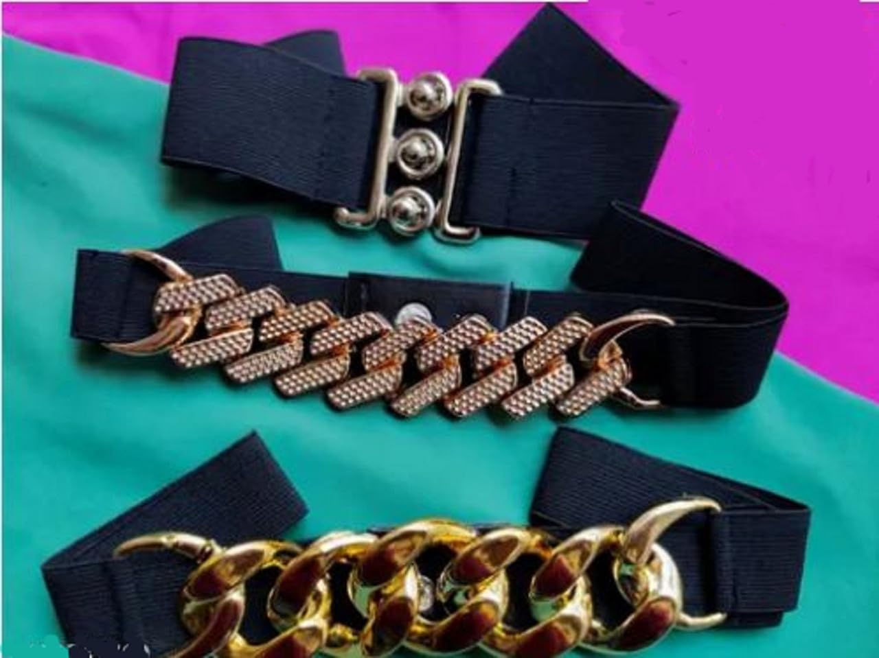 Women Elastic Waist Belt Set of 3 Stretch Adjustable Fashion Accessories with Decorative Buckle Chains for Dresses Black-image-31