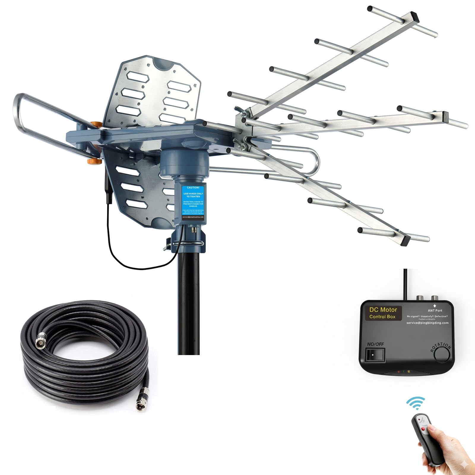 CeKay Motorized Outdoor HD TV Antenna, 360° Rotation with Remote, 150-Mile Long Range Amplified Digital Antenna for VHF/UHF, Supports 1080p/4K, Includes 40FT RG6 Coax Cable