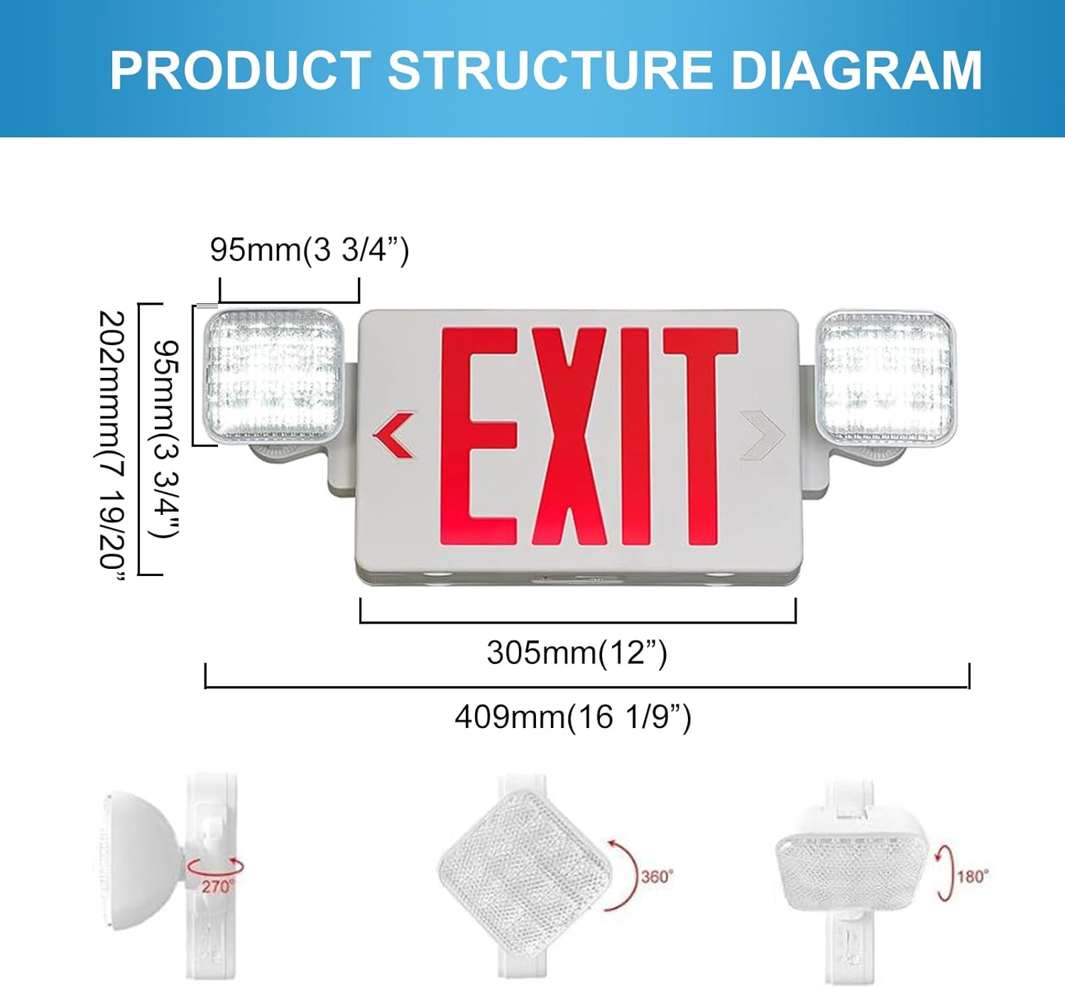 Double Sided LED Emergency EXIT Sign, Exit Combo Remote Capable, Two LED Lights, Backup Battery, US Standard Red Letter, Commercial Grade, 120-277V, FireResistant(UL 94V-0) - 6 Pack