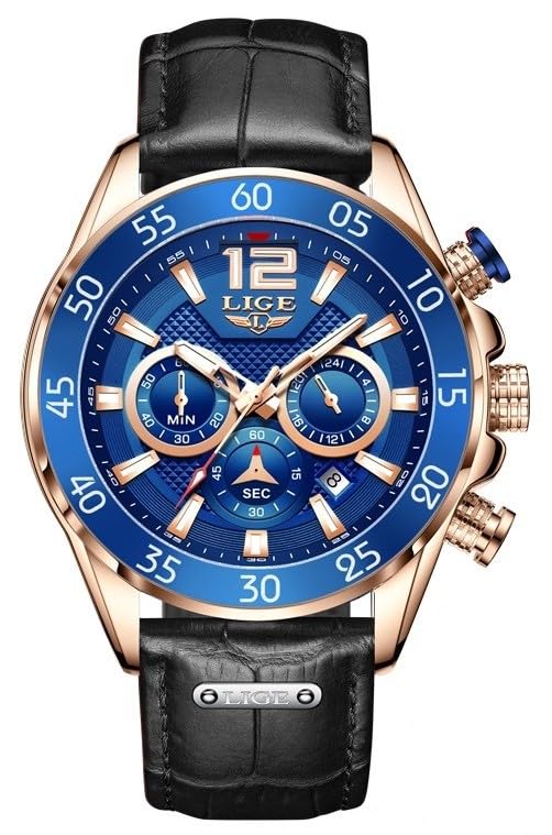 LIGE Mens Watch Chronograph Genuine Black Leather Strap Rose Gold Case with Date, Luminous Hand Analog Watches for Men | Gifty for Men (B0CXCWTL6D) Amazon Price History, Amazon Price Tracker