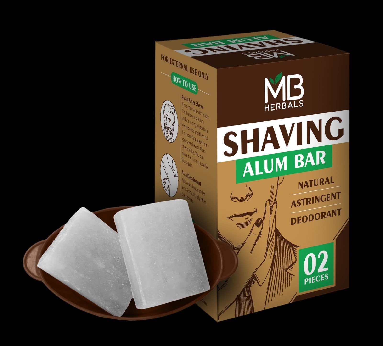 2 Pieces x 3.5 Ounce MB Herbals Shaving Alum Blocks | Pack of 2 Alum Blocks 3.5 Ounce Each | Potassium Shaving Alum Block Bar | No Fragrance | After Shave Alum