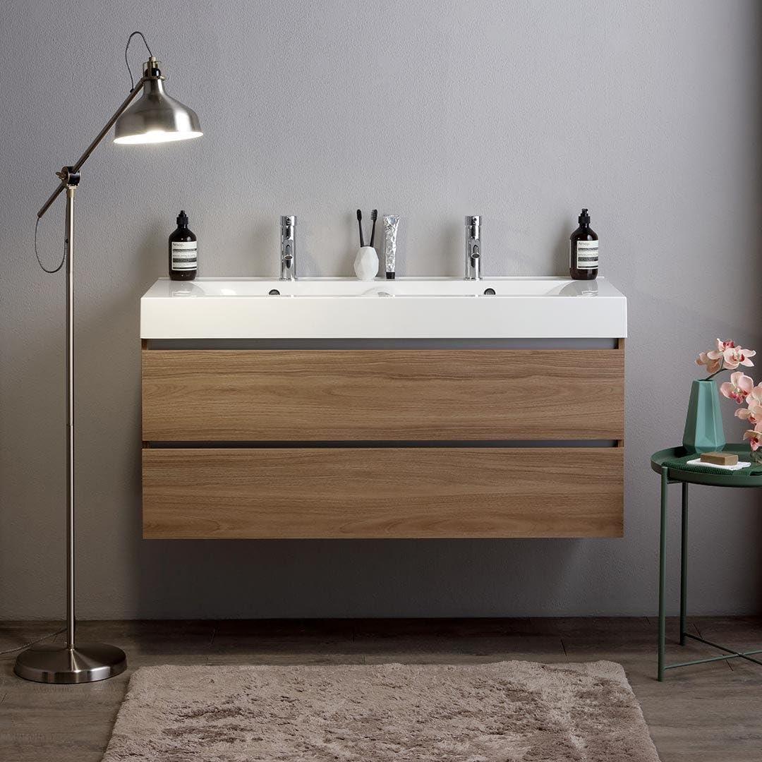 Kiamami Valentina - Mueble de baño suspendido de 120cm con cajones de Roble Natural Soft Close y Doble Lavabo | Valentina