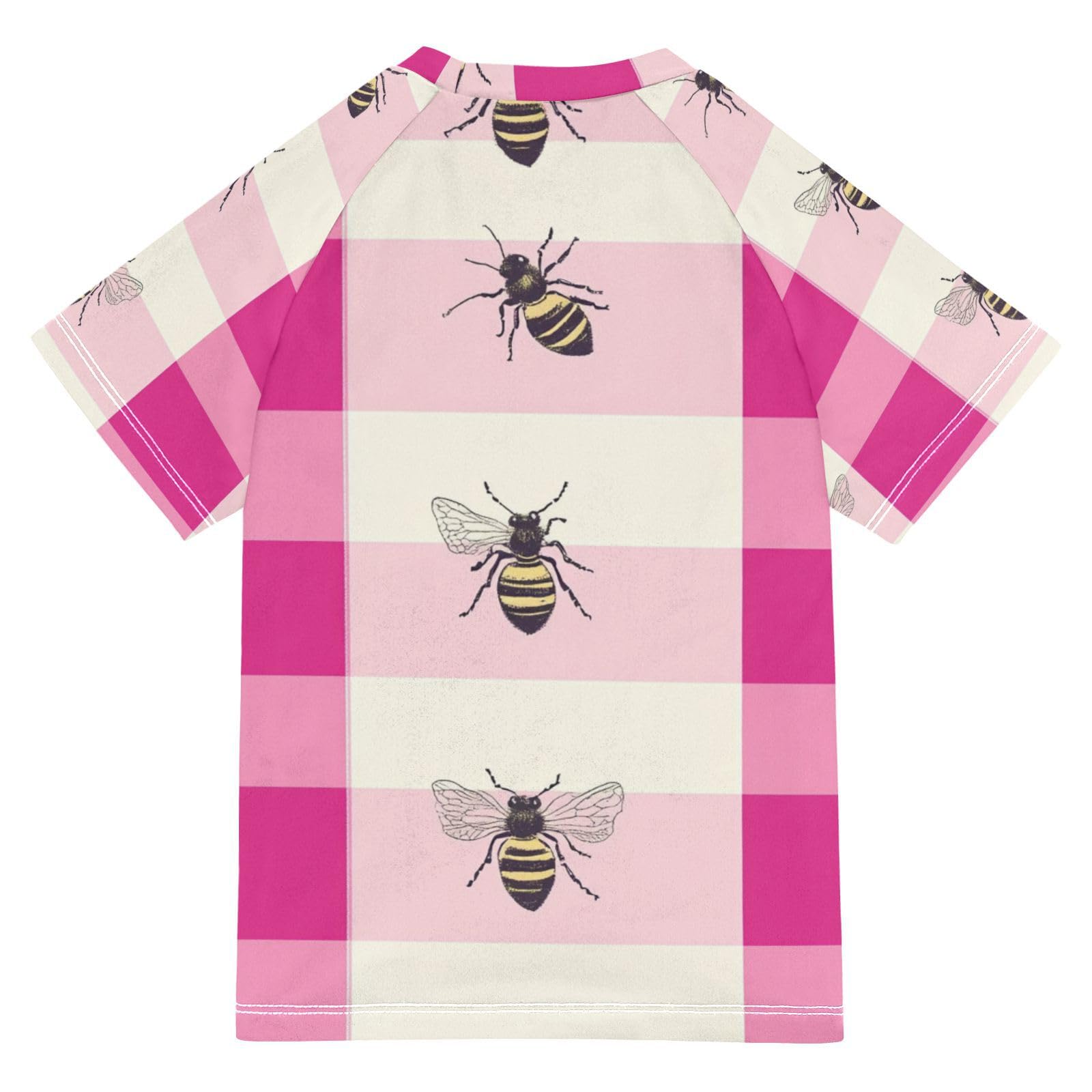 Boy Bathing Suit Short Sleeve Girls Rash Guard Swimsuit 7T Buffalo Plaid Check White Hot Pink Bees