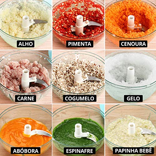 Mini Triturador Processador de alimentos manual alho cebola 3 Lâminas inox 550ml Cor:Azul (FL)