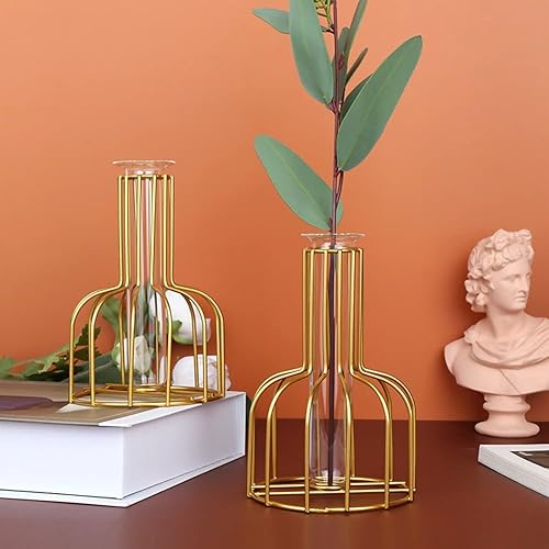 Miniatura 2 de Ivymei Paquete de 2 jarrones de mesa, marco de metal geométrico dorado, jarrón de tubo de vidrio transparente, plantas hidropónicas, jarrón dorado