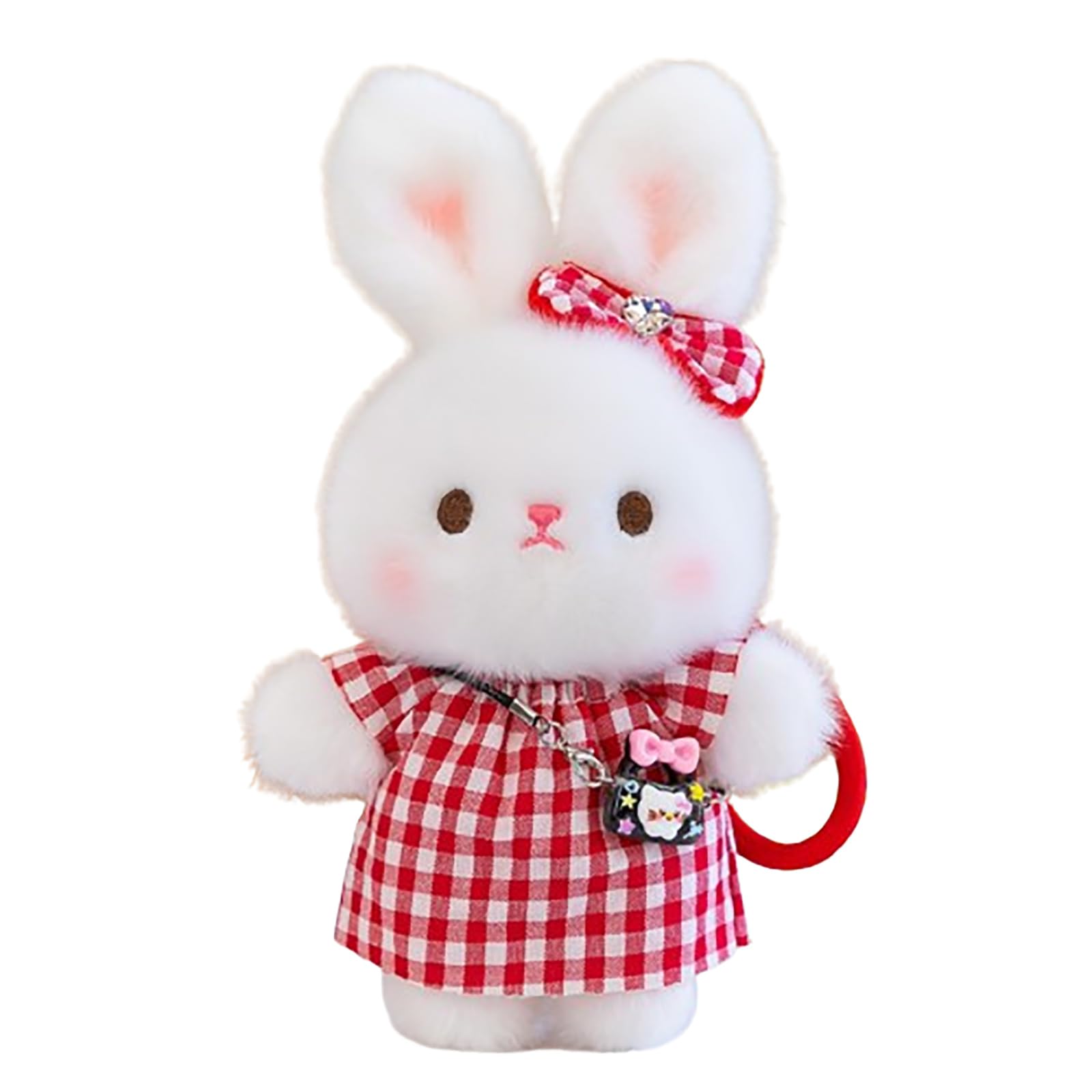 JORCEDI 8.27" Cute Plush Bunny Keyring, Fluffy Rabbit Teddy Stuffed Animal Pendant, Soft Easter Bunny Keychain, Cuddly Plushie Gift for Girls (Cherry-print jeans,21cm(8.27))