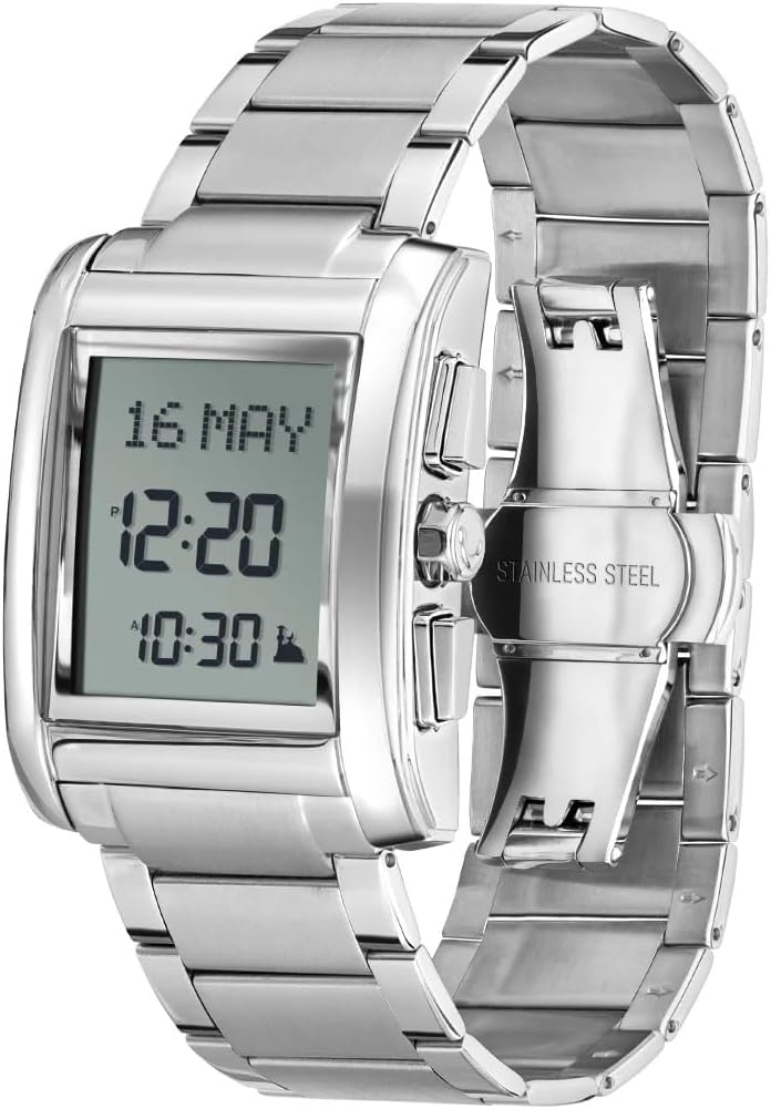 Vinklet view of the ALFAJR Classic Watch WS-06S, showing the metal bracelet and side buttons.