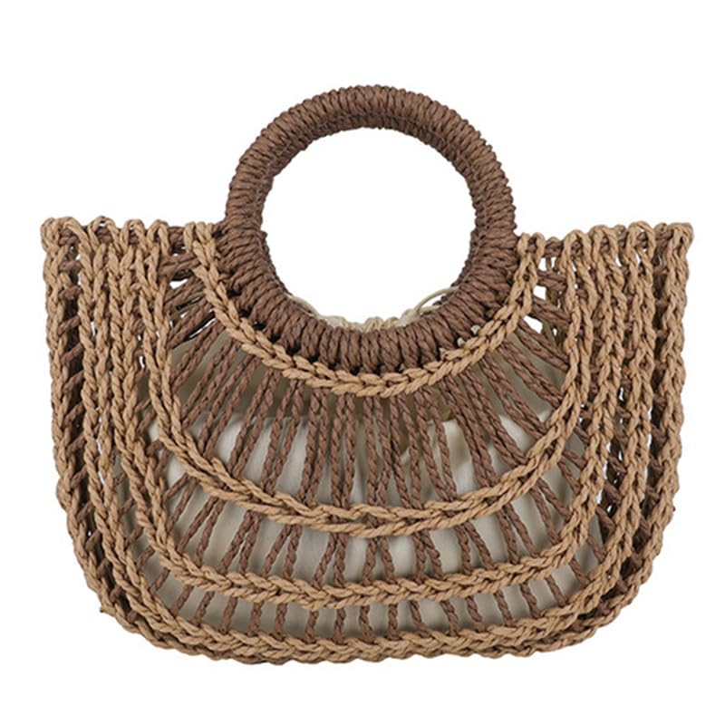 Sac cabas en paille ajouré avec pochette tissu sécurisée cordon