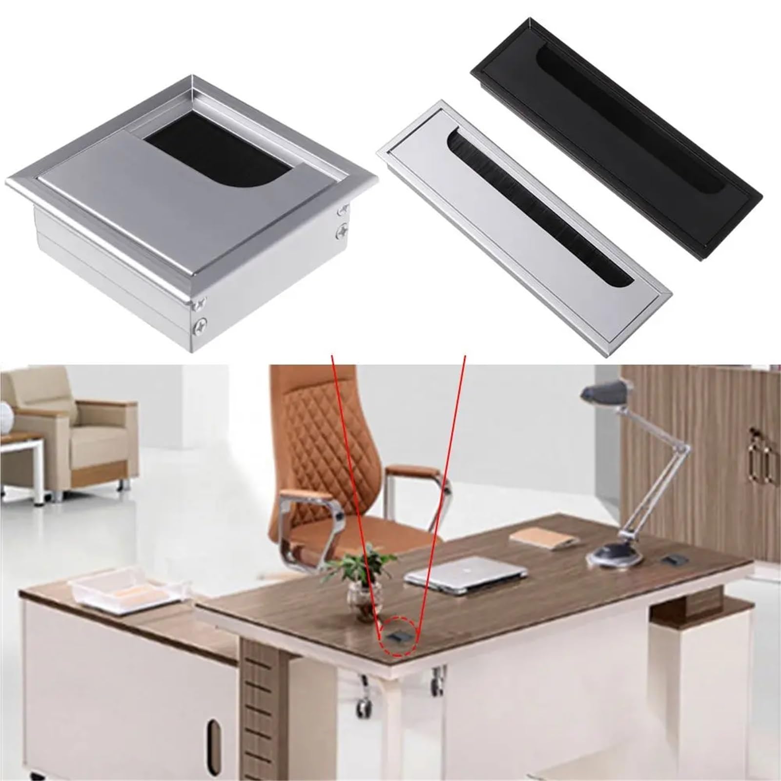 kabeldurchführung Aluminiumlegierung PC Schreibtisch Rechteck Draht Kabeltülle Bürotisch Lochabdeckung Auslassanschluss mit schwarzer Bürste(Black-80x275mm)