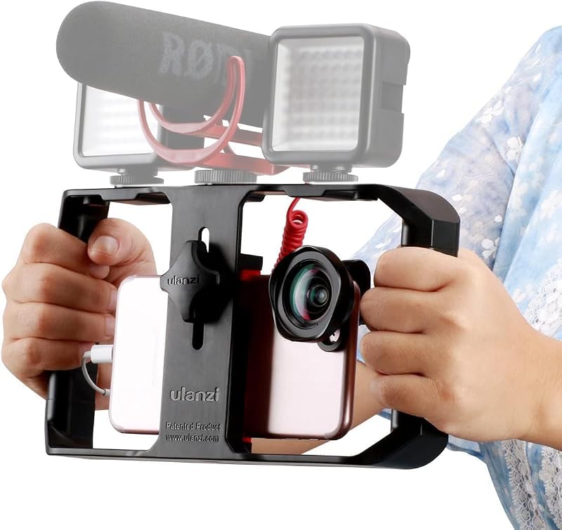 U Rig Pro Video Rig for iPhone, Phone Stabilizer Rig w Triple Cold Shoe Mount,Phone Tripod Mount for iPhone 16 15 14 13 12 11 Pro Max XS Max X 8 plus OnePlus 7 Pro Samsung Google Pixel Vlogging