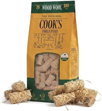 1 Pack 25pcs Cook's Wood Wool Firelighters, 350g - Natural Long Burning Fire Starters, Small Compact Pack for BBQ, Stoves and Campfire 1 Pack, 25pcs