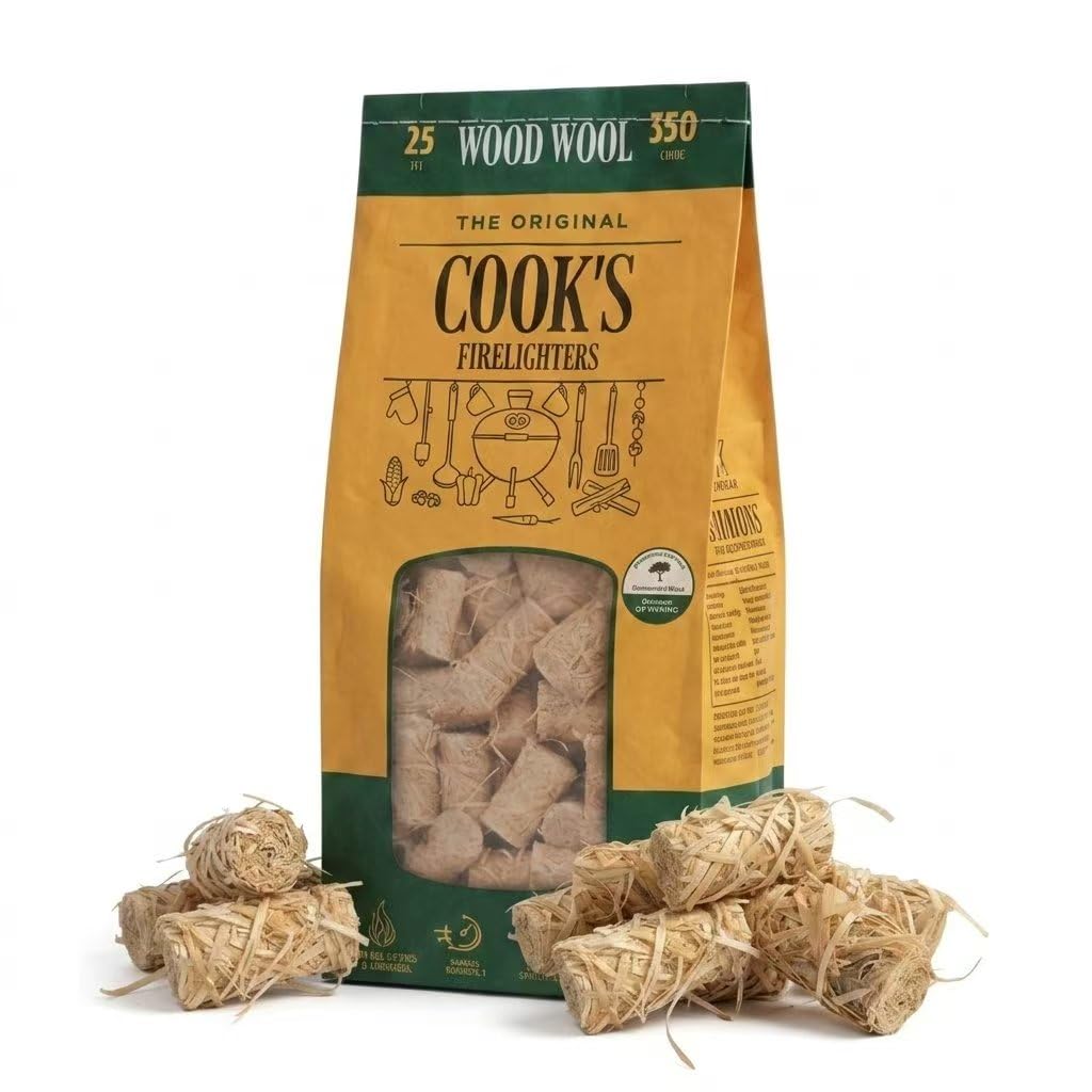 1 Pack 25pcs Cook's Wood Wool Firelighters, 350g - Natural Long Burning Fire Starters, Small Compact Pack for BBQ, Stoves and Campfire (1 Pack, 25pcs)