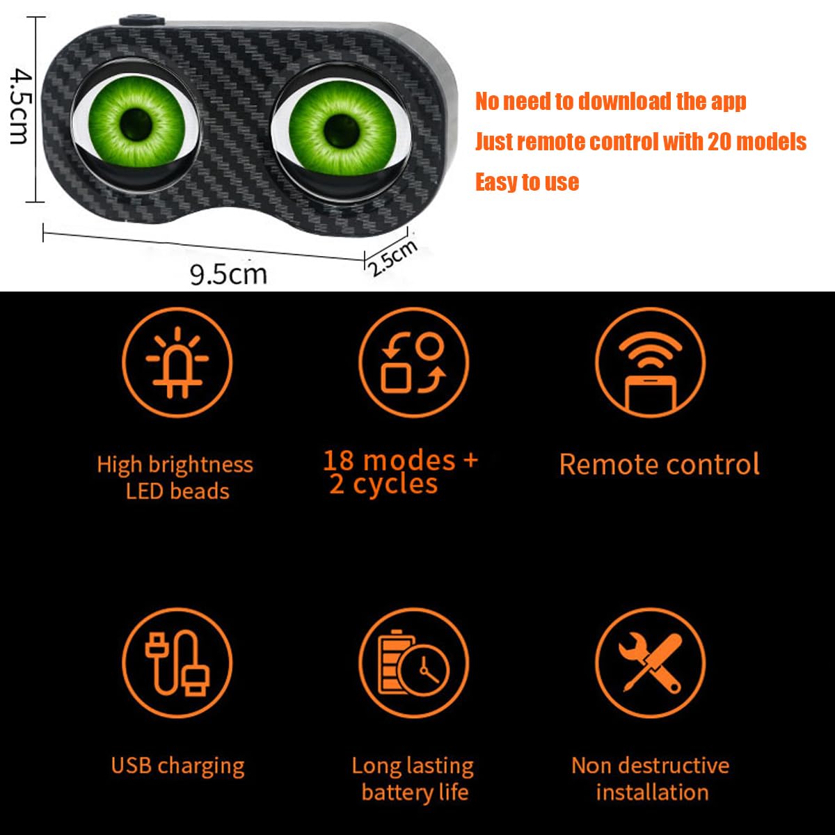 Feu arrière de vélo LED dynamique Demon Eyes, sans application, étanche, objectif 3D de type C, 20 modes, télécommande, feu arrière LED pour vélo, moto, idée cadeau