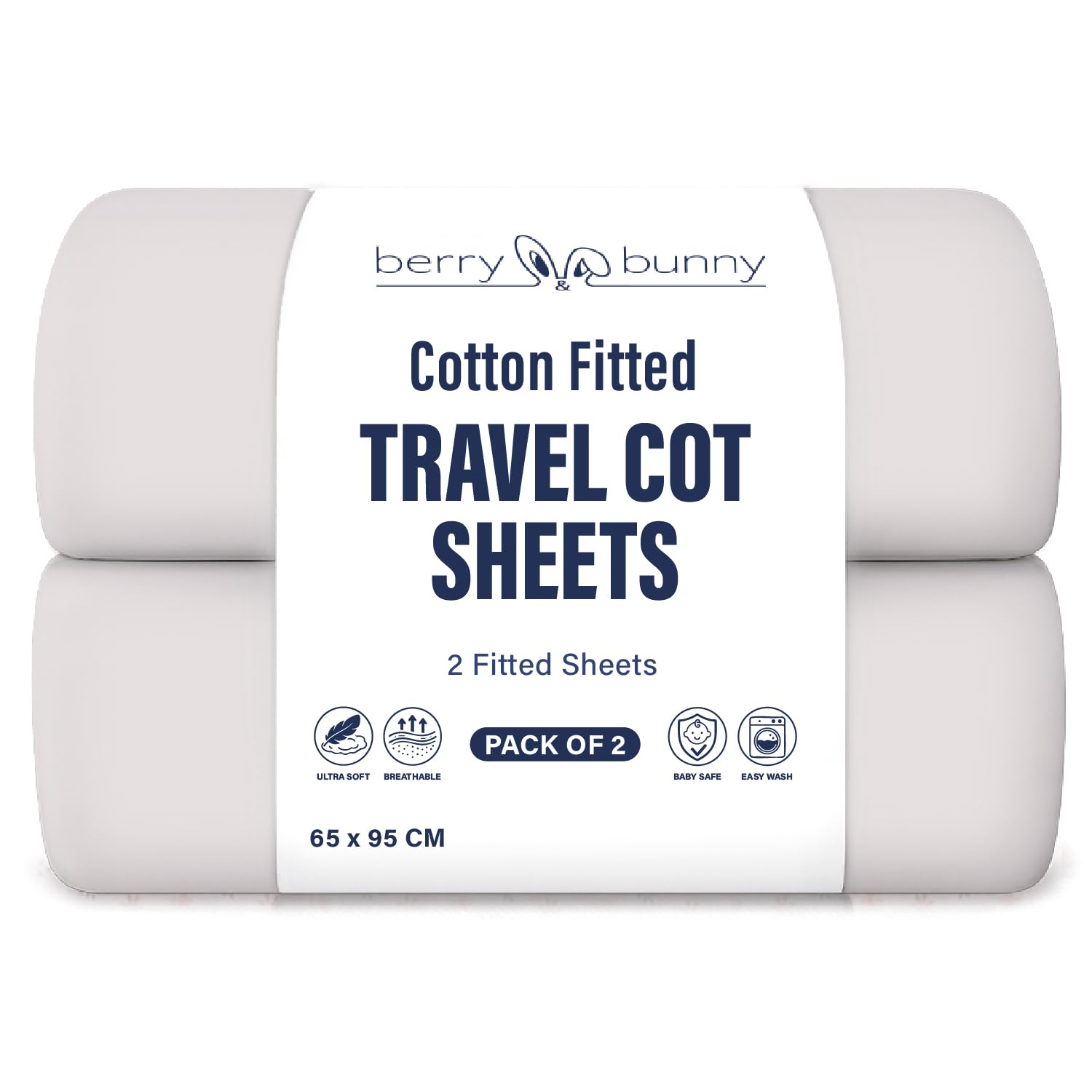 Berry and Bunny 100% Cotton Travel Cot Sheets Pack of 2, Soft Breathable Baby Fitted Sheets 65 x 95 cm, Elasticated Mattress Protector Cover, Deep Fit Baby Bedding All Seasons