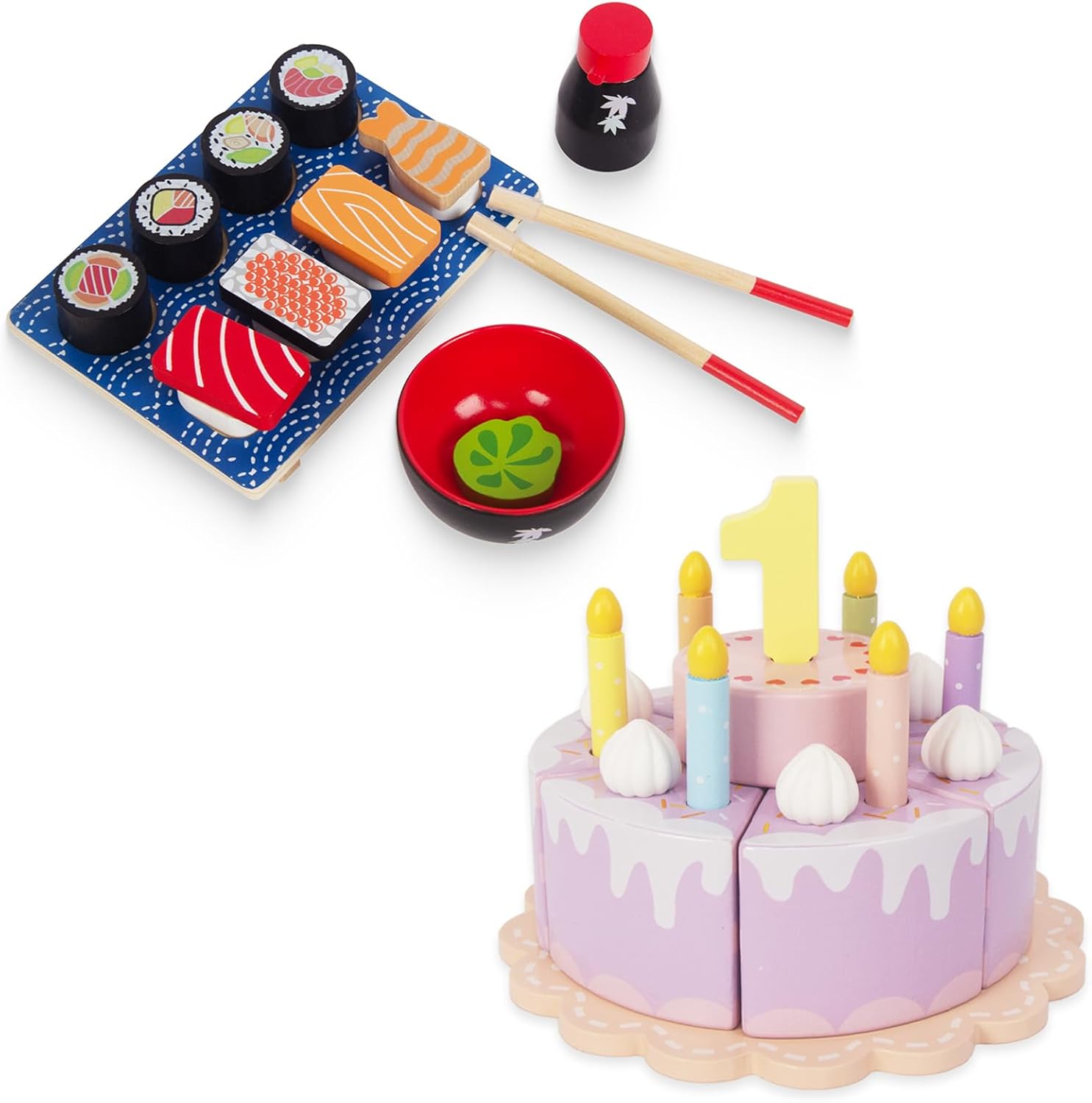 Wooden Sushi Set and Birthday Fake Cream Cake with Candles and Numbers,Tea Party Learning Kitchen Gift Toys for Boys Girls