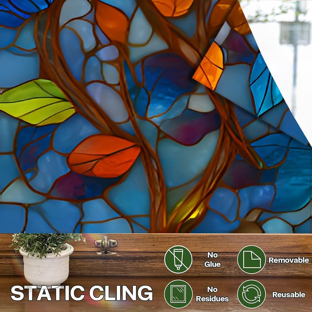17.5x78.7in Stained Glass Window Film – Large Colorful Leaf Decorative Window Sticker, Static Cling Privacy Film for Home, Bathroom, Office, Translucent Reusable PVC Window Decal(Colorful Leaves)