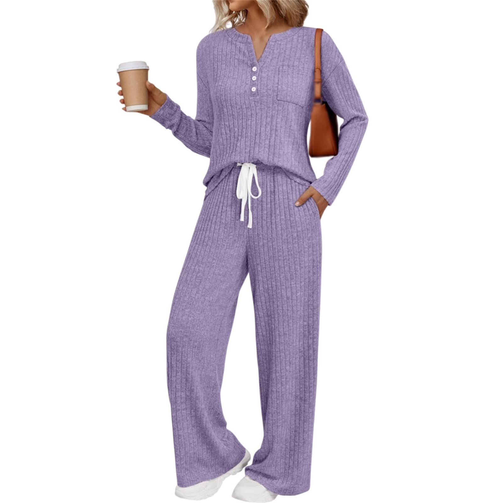 Generisch Damen Winter 2025 zweiteiliges Lounge-Set, Trainingsanzug, passender Pyjama, ideal für Reisen und Urlaub, Herbstmode mit Taschen.