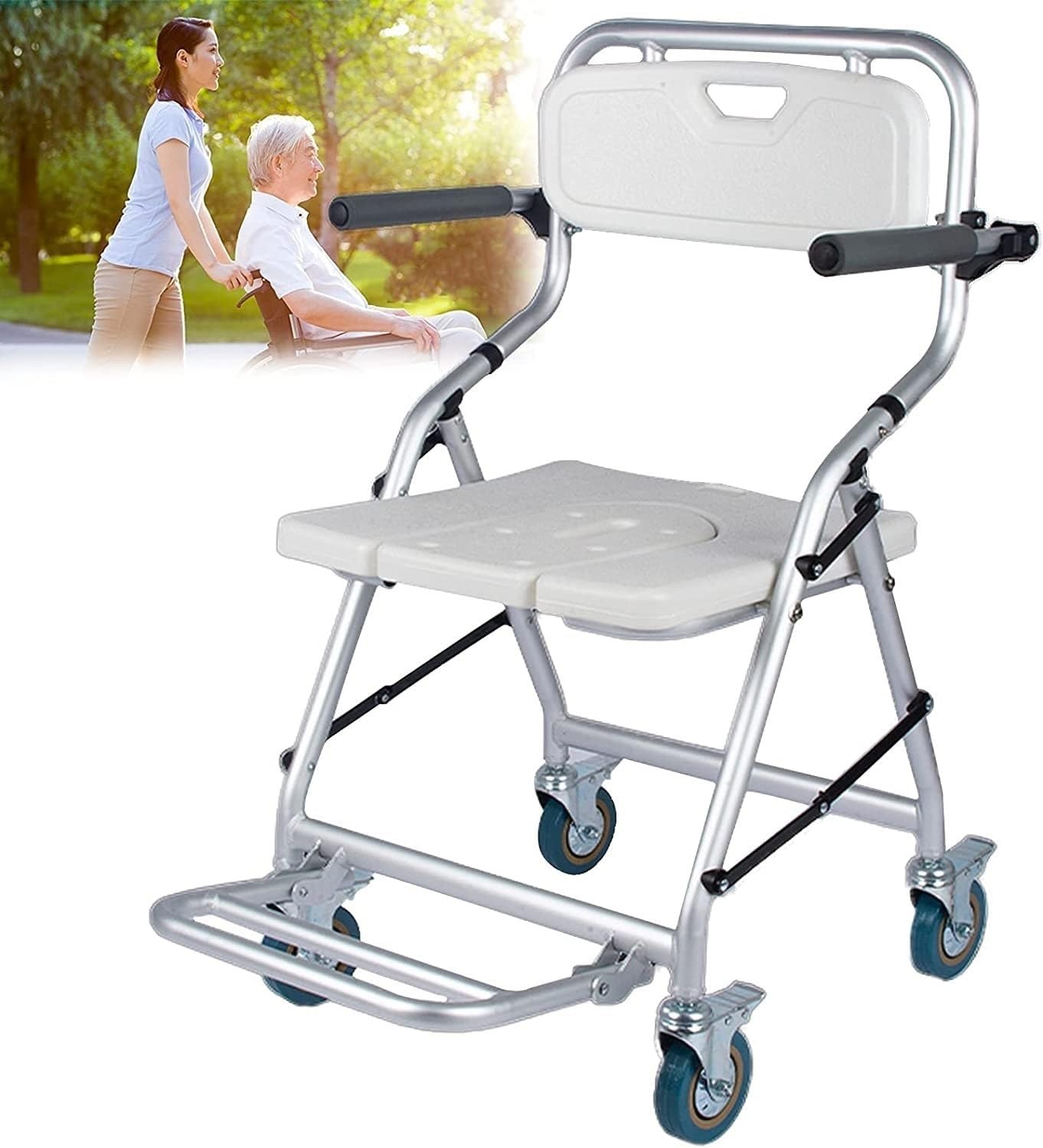 Krzesło prysznicowe z kółkami dla osób starszych i niepełnosprawnych regulowany przenośny składany ergonomiczny design z oparciem i podłokietnikami (kolor: niebieski)