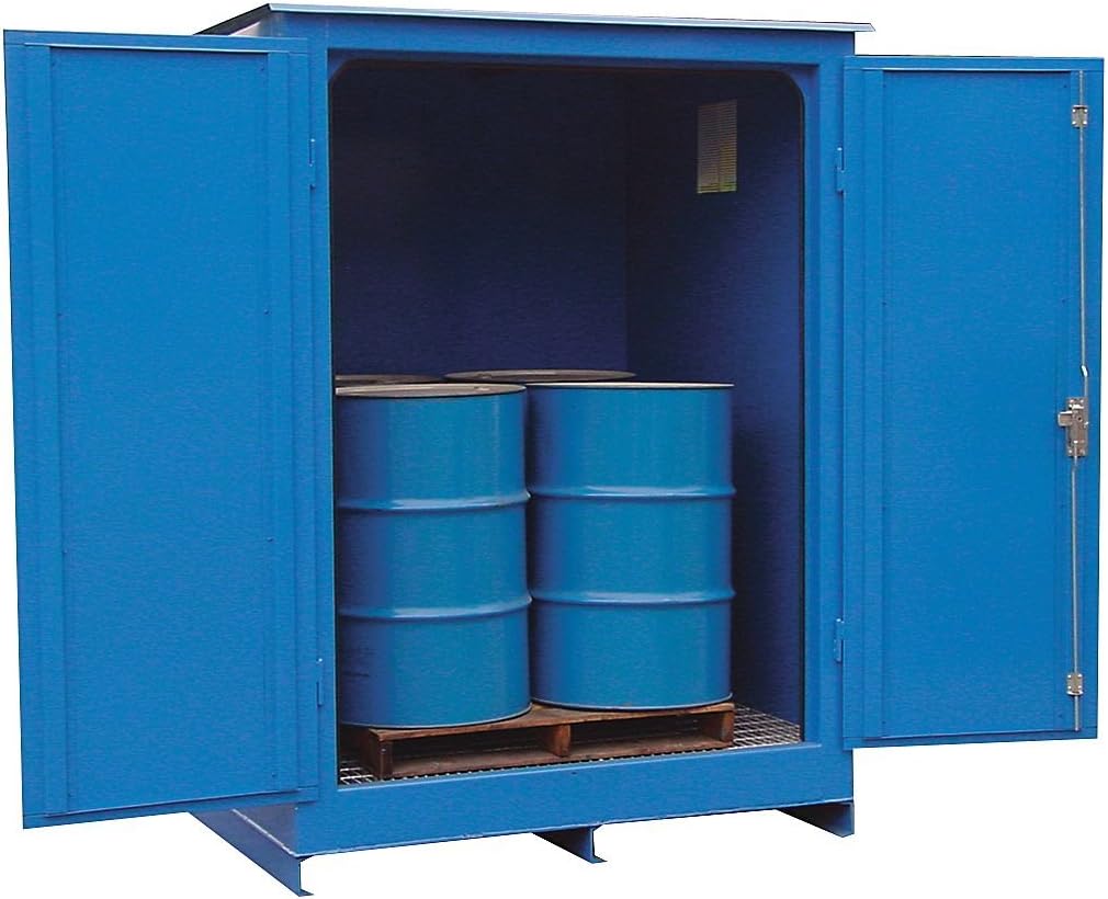 K17-3680 8 Drum Steel Outdoor Storage Locker, 66 Gallon Sump Capacity, 143" Length x 88" Height x 70" Depth, Blue