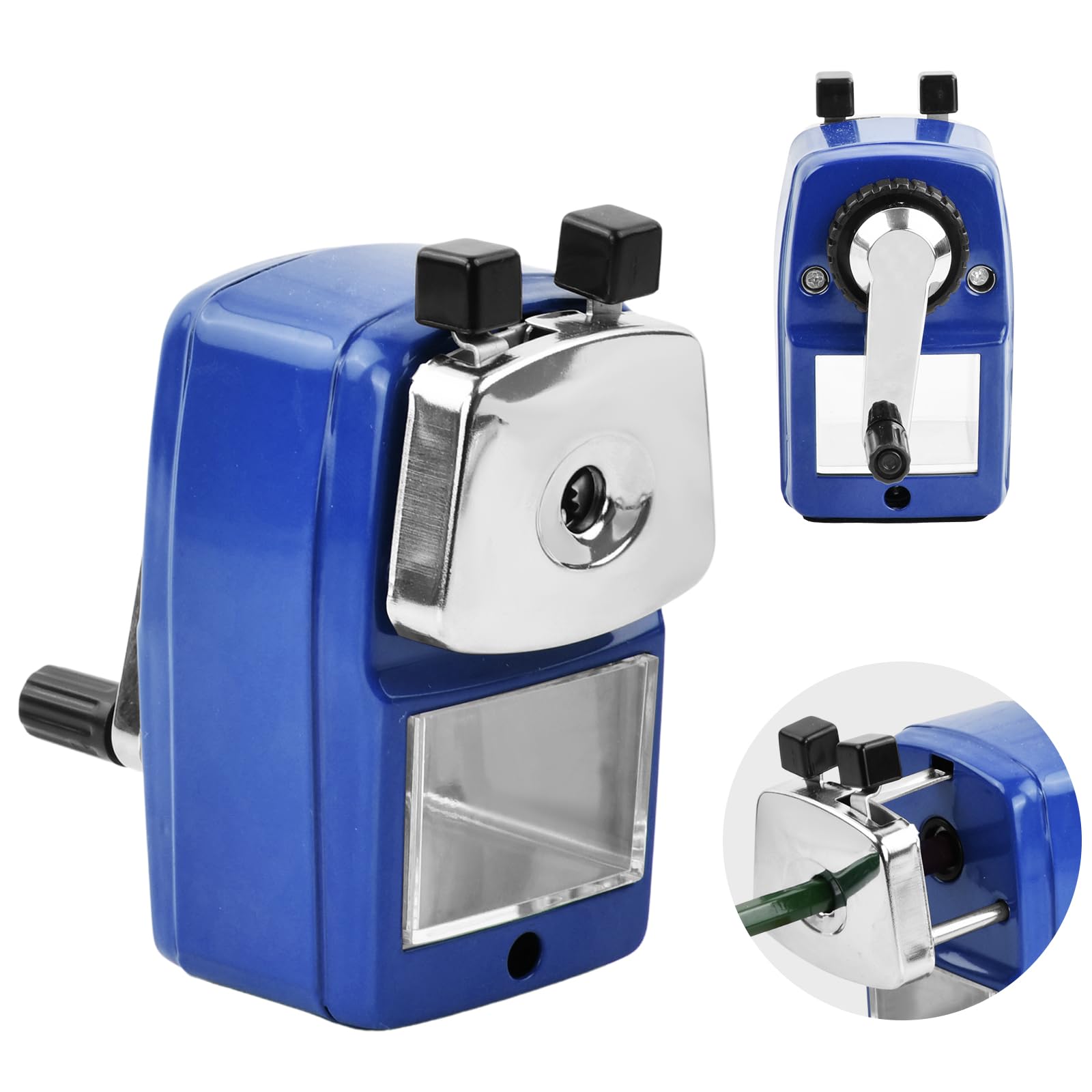 Metal Desktop Pencil Sharpener, Pencil Sharpeners Manual with Container, Helical Blade for Kids Students Office (Blue)