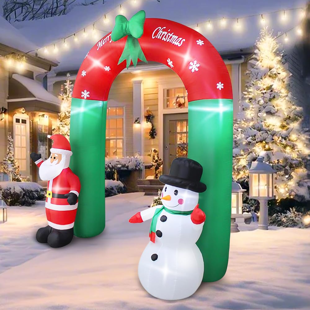 240 cm Arche Gonflable de Noël, Arche Gonflable Noël avec Père Noël et Bonhomme de Neige Gonflable Décoration, Intérieure Extérieure Noël pour Maison Vacances Cour Pelouse Jardin Fêtes