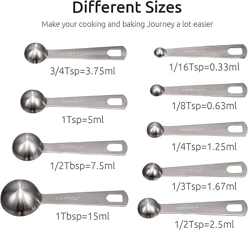 Miniatura 2 de U-Taste Juego de 9 cucharas medidoras de acero inoxidable 188 y taza medidora, juego de 7 para ingredientes secos y líquidos con medición grabada