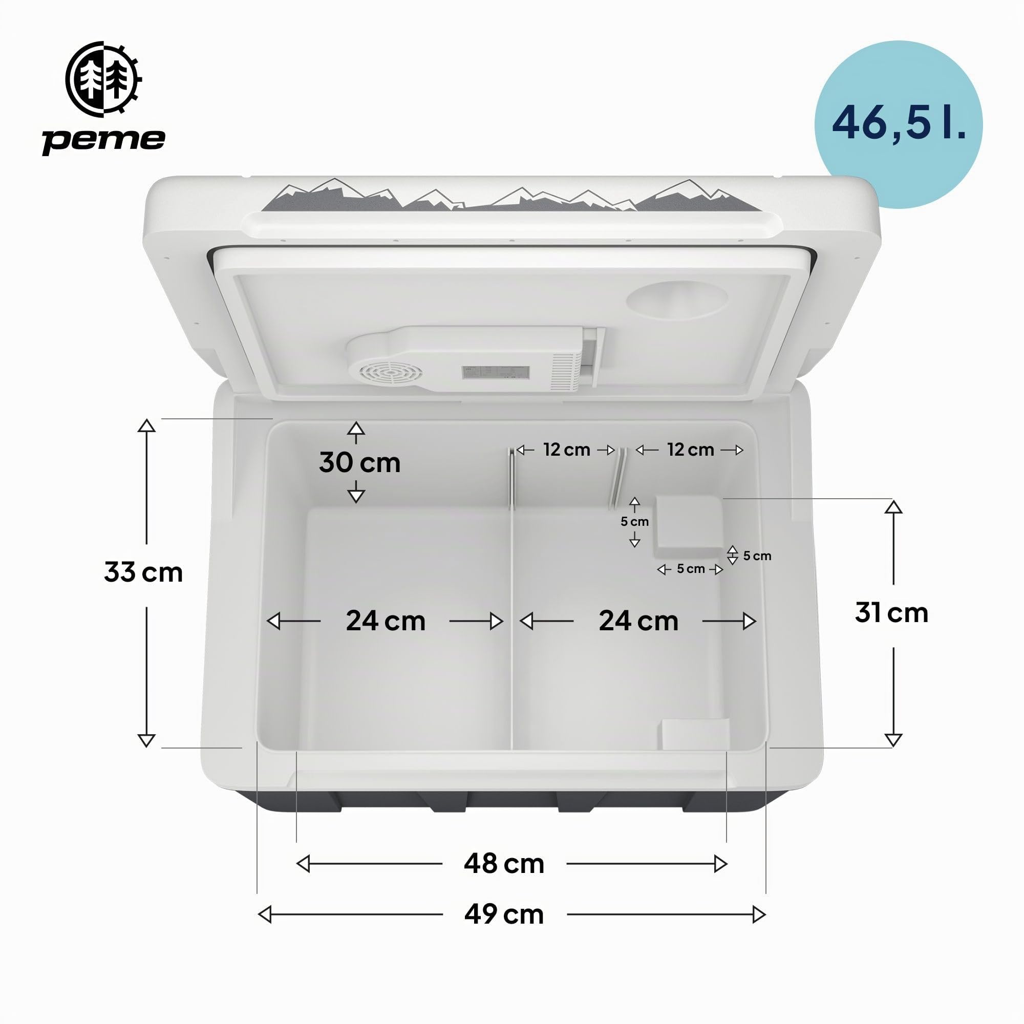 peme Essential Glacière Électrique 46,6L - Refroidisseur et Chauffe-Plats, Double Alimentation 12V & 230V, Mode Éco, Roulettes & Poignée, Ultra Silencieuse, pour Voiture, Camping, Roadtrips