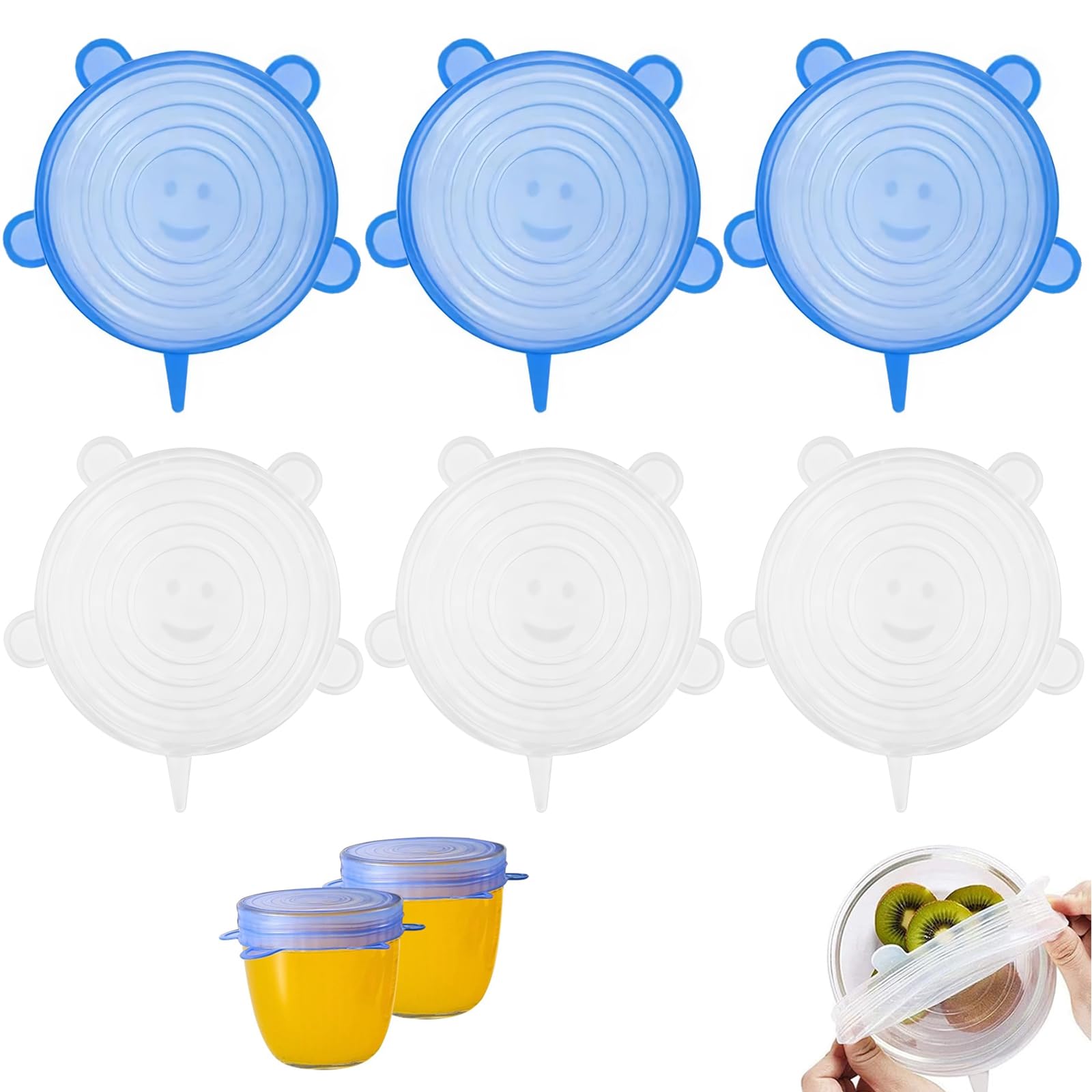 Cisyia Transparent, Blue 6 Pcs Silicone Lids Food Covers, Universal 9.5Cm Silicone Stretch Lids Set, Food Grade Silicone Bowl Covers For Containers Tins & Yogurt Pot (Dishwasher Safe, Thickened Design)