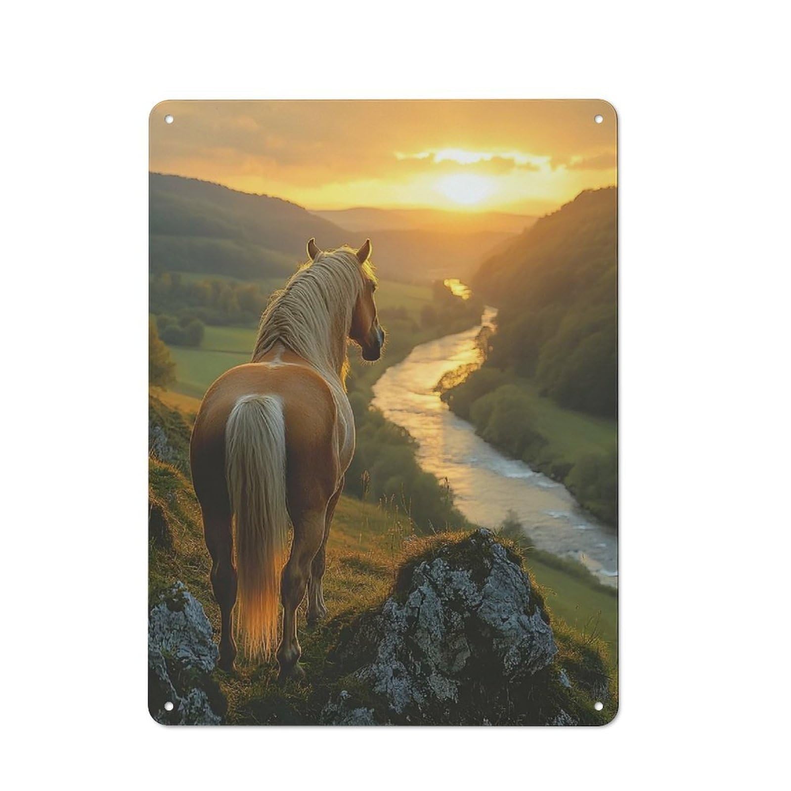 Horse Overlooking A Sunset River Valley Decorative Tin Sign 40x30cm, Country Country Wall Plaque for Dining Room, Cafe, Entryway Or Family Room