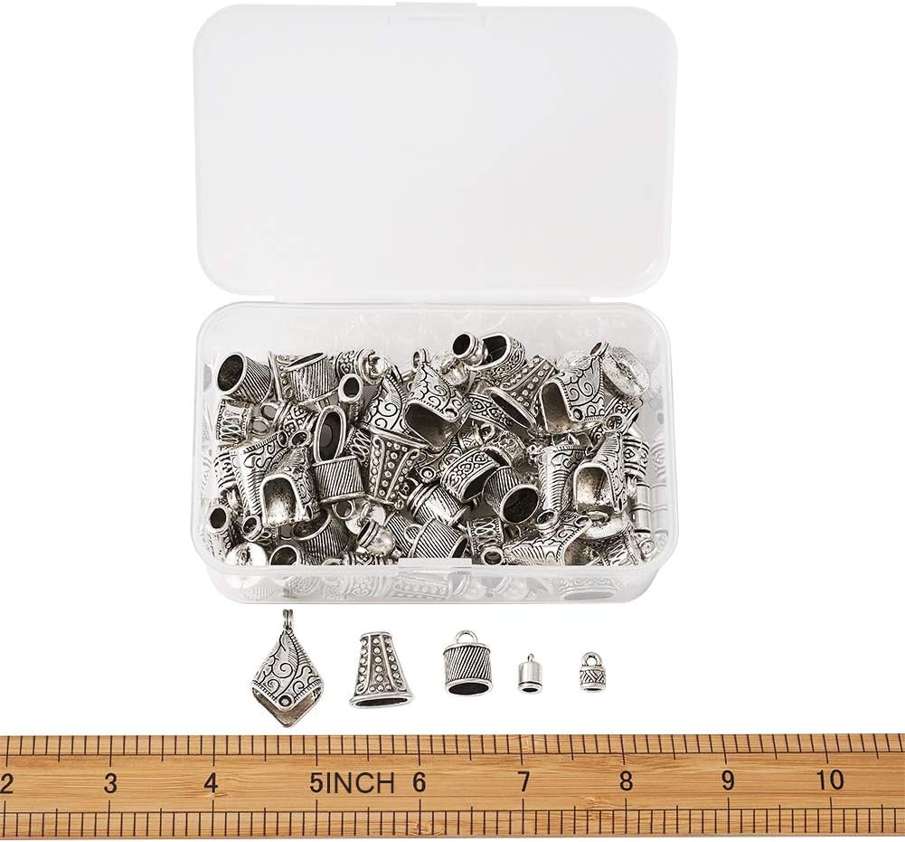 Kissitty 100pcs/box Tibetan Silver Cord End Caps Leather Cord Ends 10 Style for Earring Necklaces Bracelets Jewelry Making