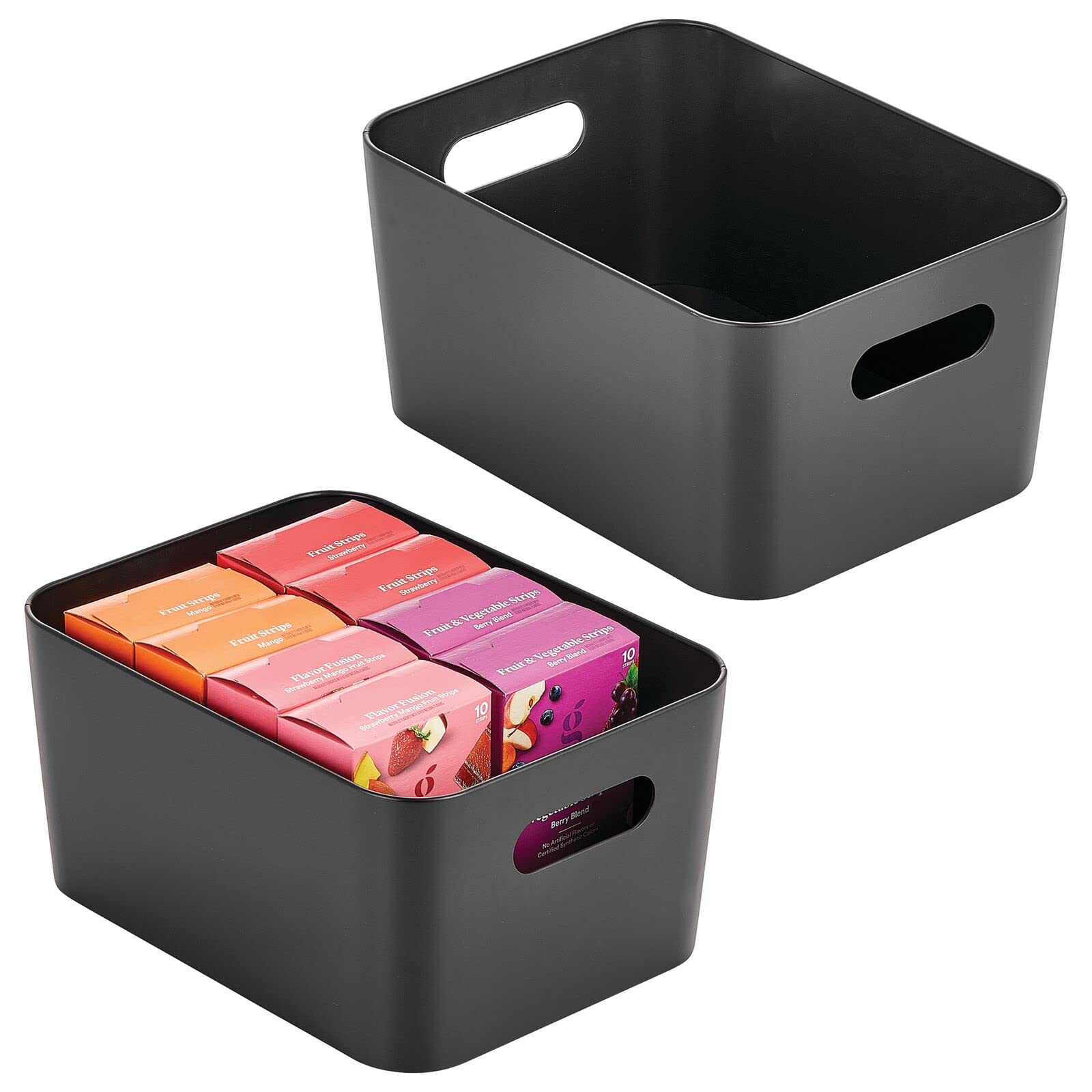 mDesign Steel Metal Storage Container Bin Basket, Handle - Kitchen Pantry, Cabinet, Fridge, Drawers, Freezer Organization - Food/Snack Holder Crates, 9" Wide, Mirri Collection, 2 Pack, Black