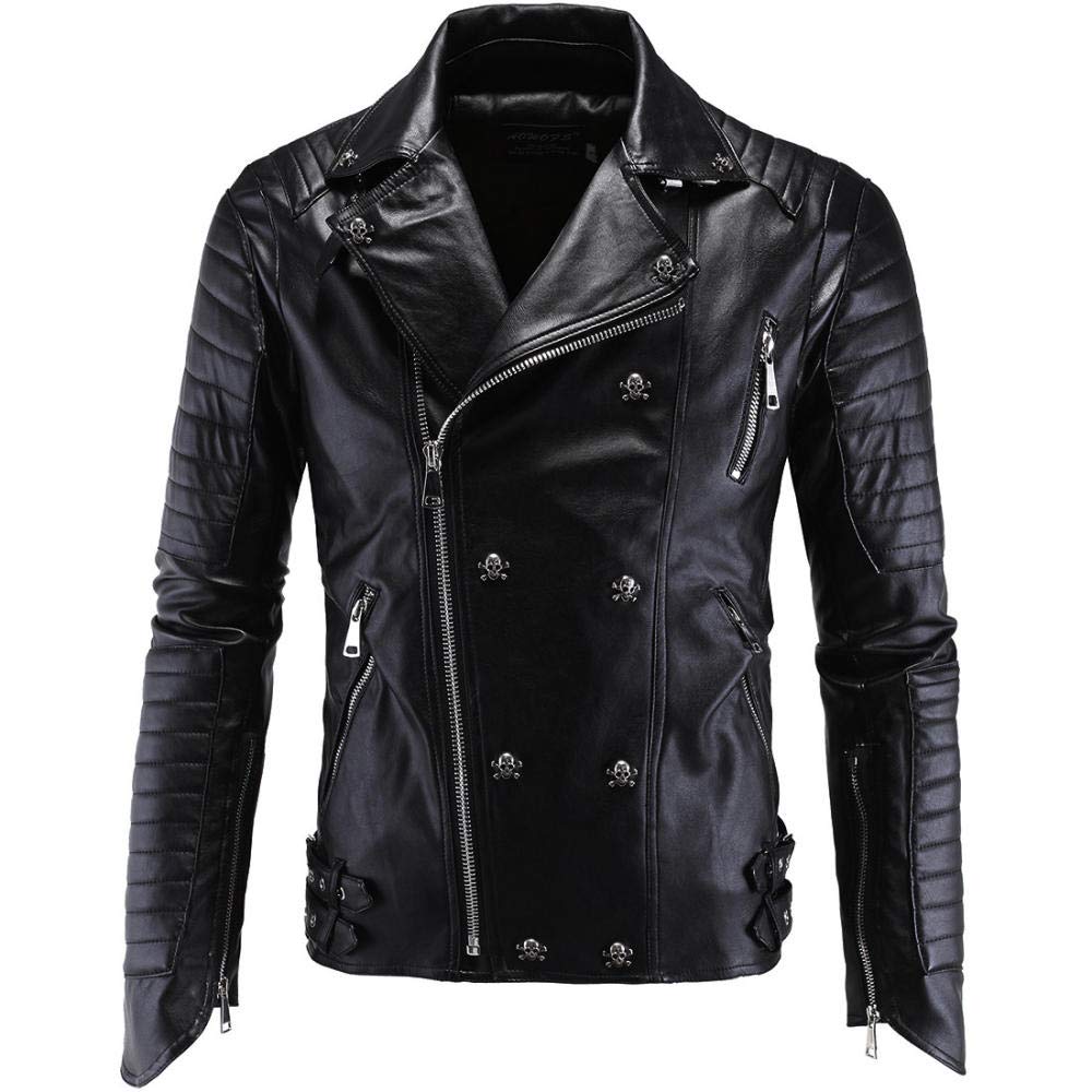junfeng Men's PU Leather Jacket Punk Harley Locomotive Slim Casual Coat